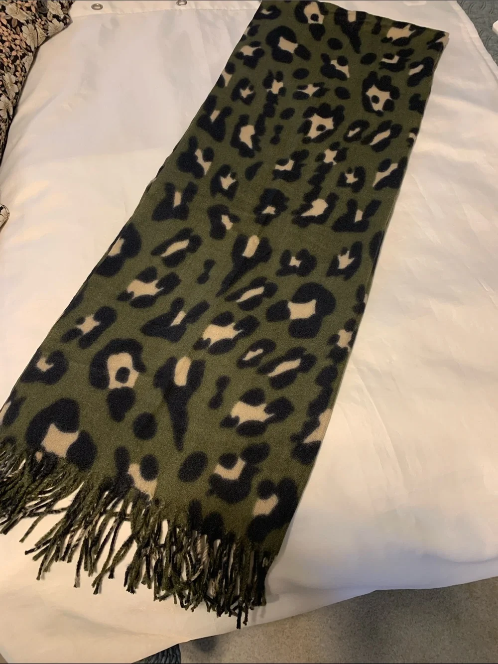 Leopard Print Fringed Scarf in Olive and Black